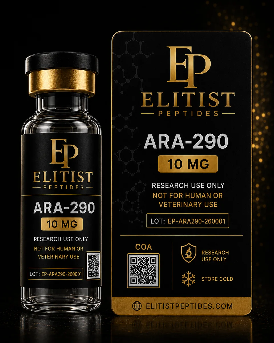 ARA-290 10 mg vial and carton, black and gold packaging