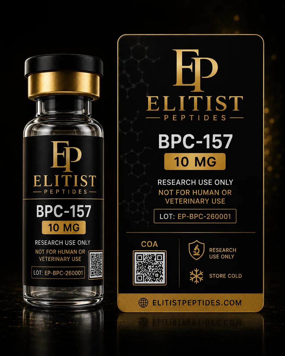 BPC-157 10 mg vial and carton, black and gold packaging