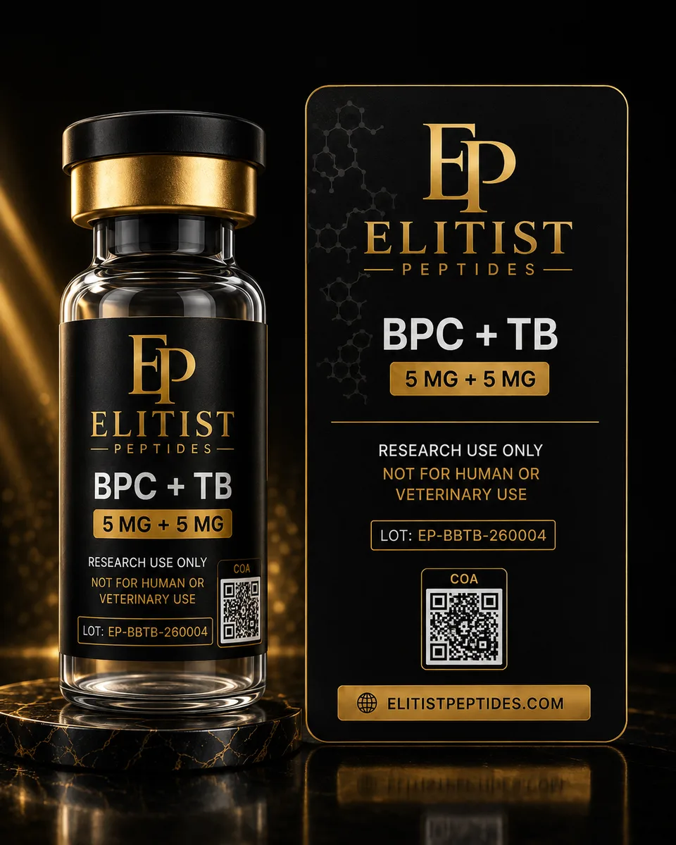 BPC-157 + TB-500 5 mg + 5 mg vial and carton, black and gold packaging