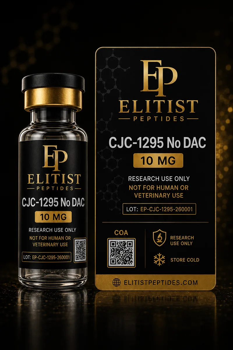 CJC-1295 (No DAC) 10 mg vial and carton, black and gold packaging
