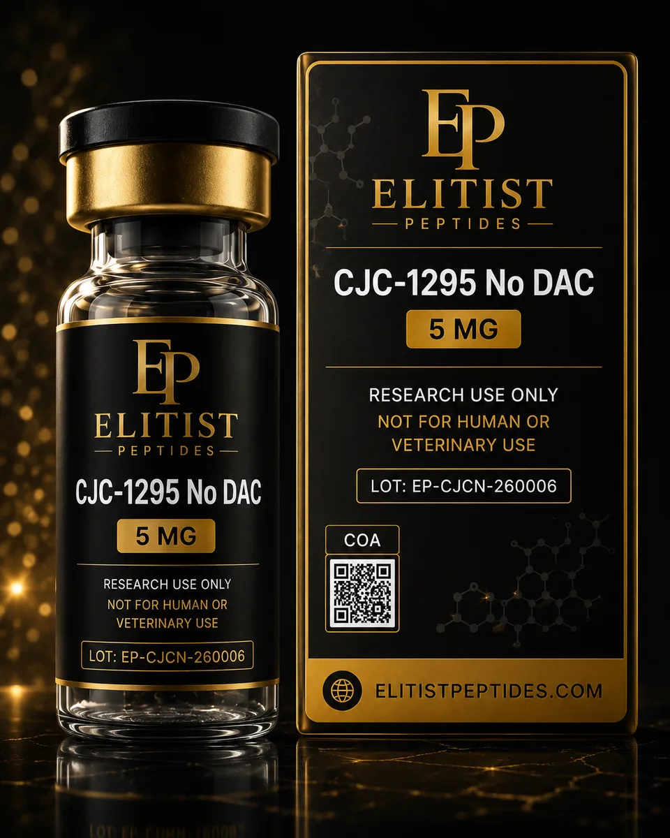 CJC-1295 (No DAC) 5 mg vial and carton, black and gold packaging