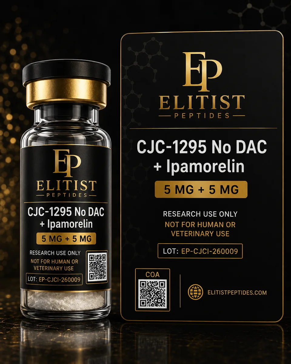 CJC-1295 (No DAC) + Ipamorelin 5 mg + 5 mg vial and carton, black and gold packaging