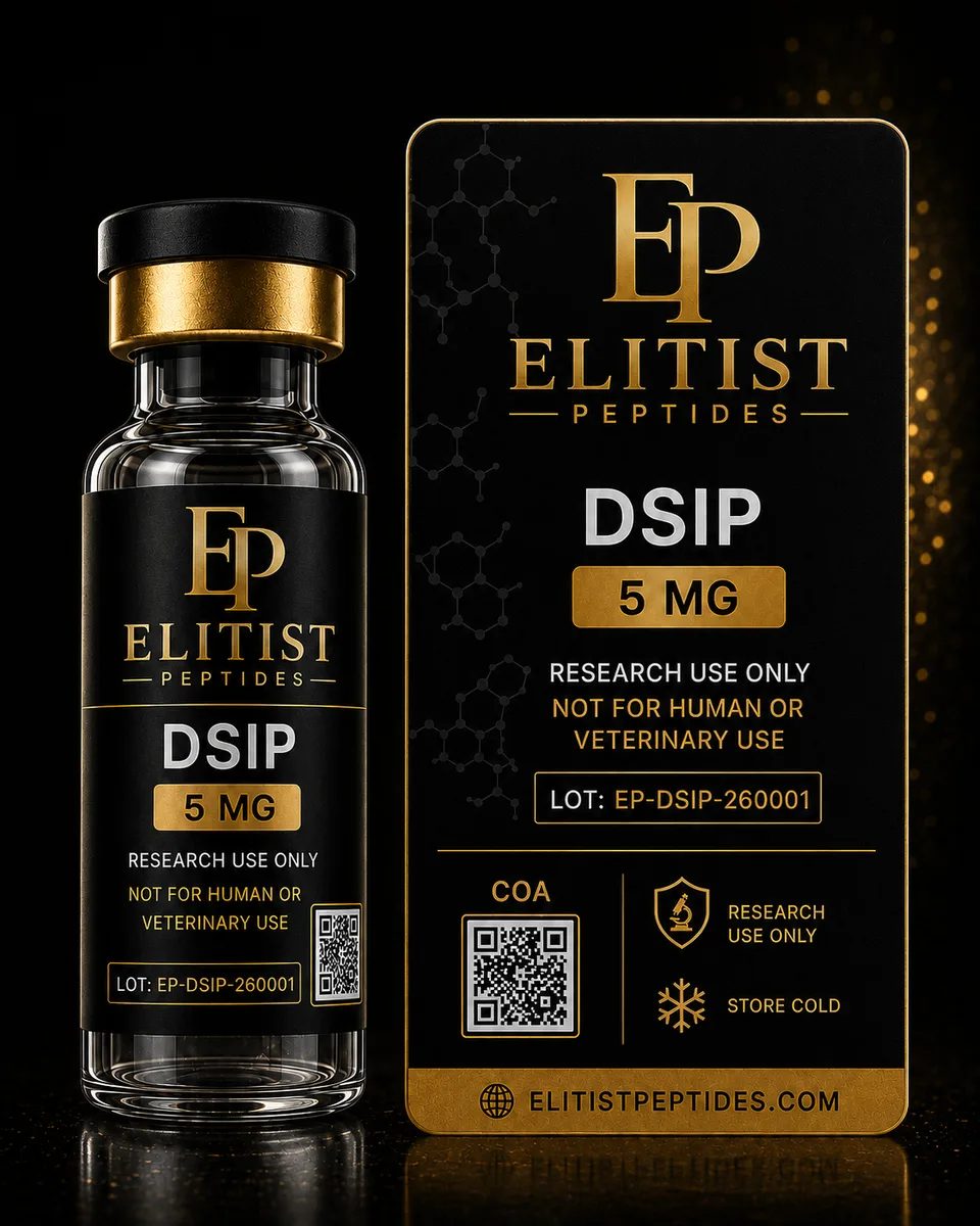 DSIP 5 mg vial and carton, black and gold packaging