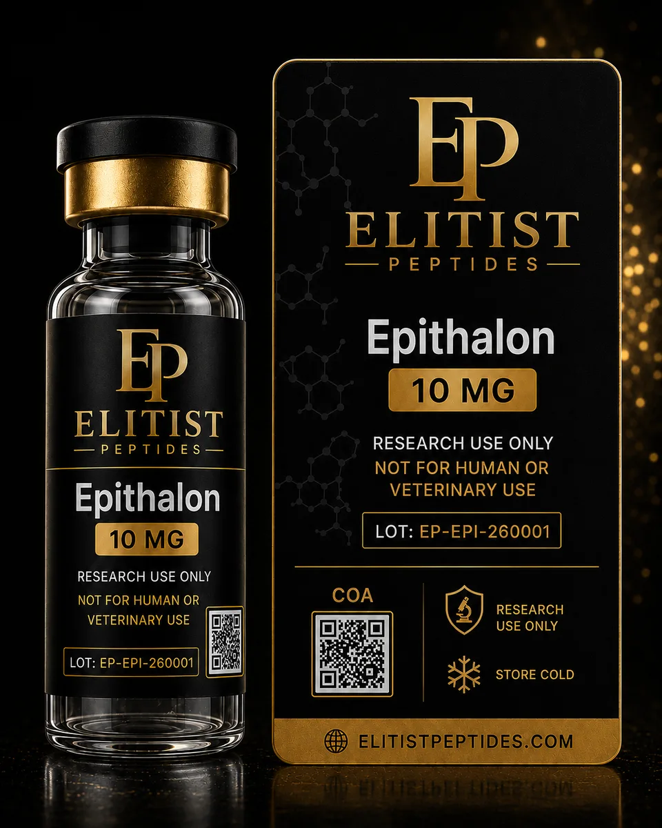 Epithalon 10 mg vial and carton, black and gold packaging