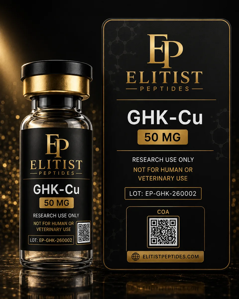 GHK-Cu 50 mg vial and carton, black and gold packaging