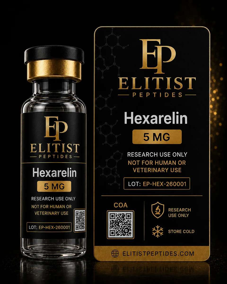 Hexarelin 5 mg vial and carton, black and gold packaging