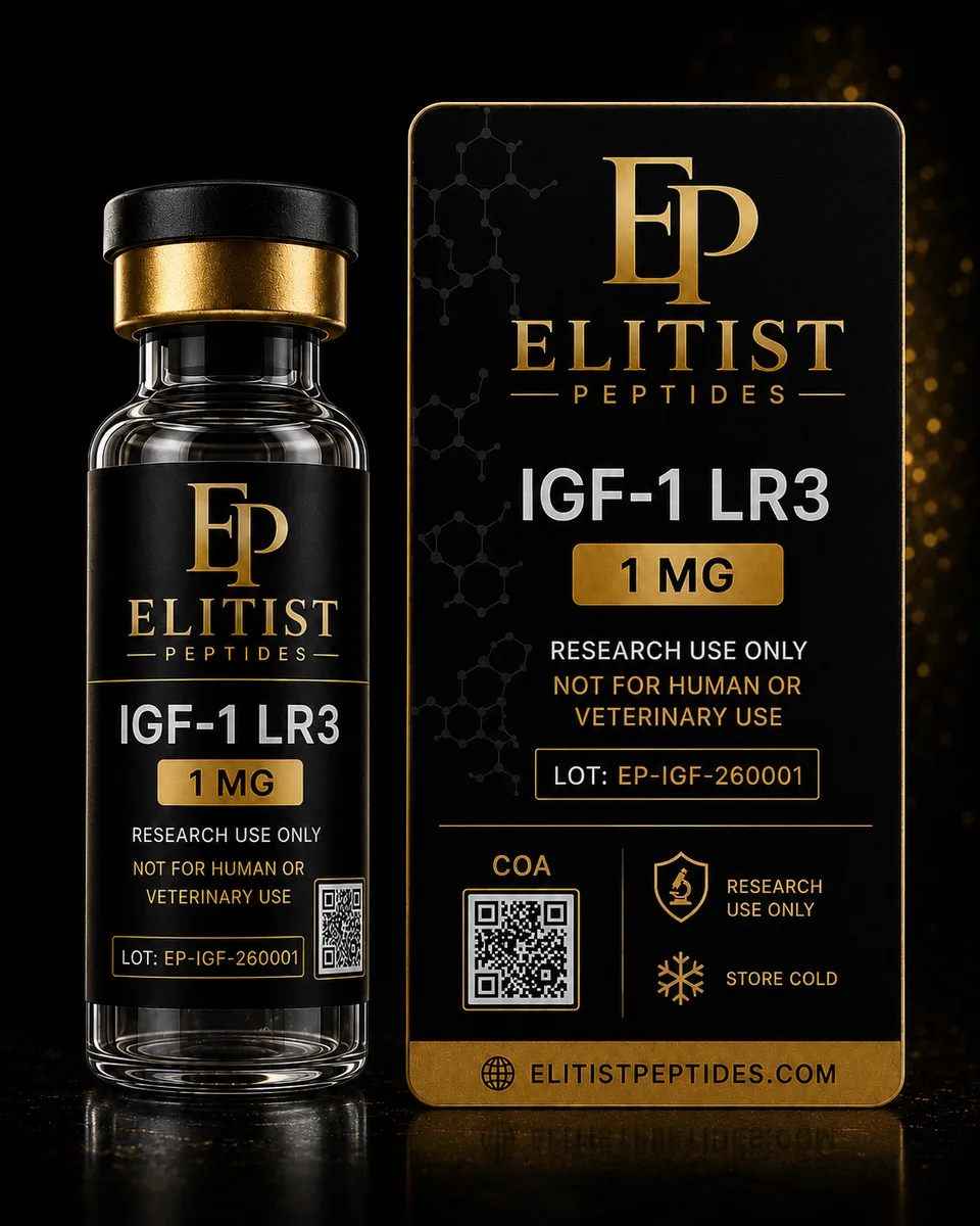 IGF-1 LR3 1 mg vial and carton, black and gold packaging
