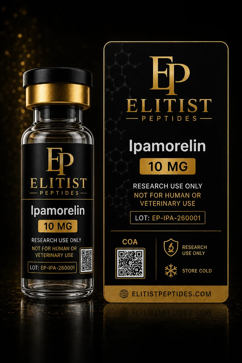 Ipamorelin 10 mg vial and carton, black and gold packaging