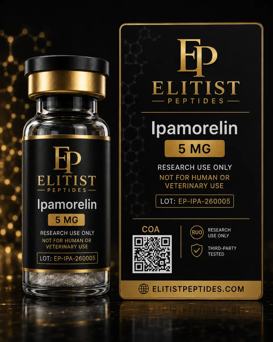 Ipamorelin 5 mg vial and carton, black and gold packaging