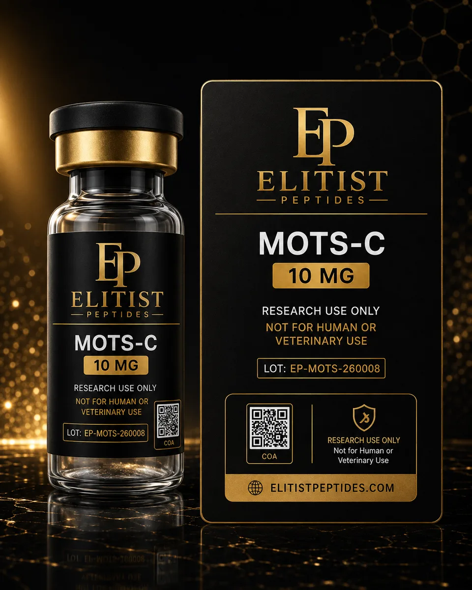 MOTS-C 10 mg vial and carton, black and gold packaging