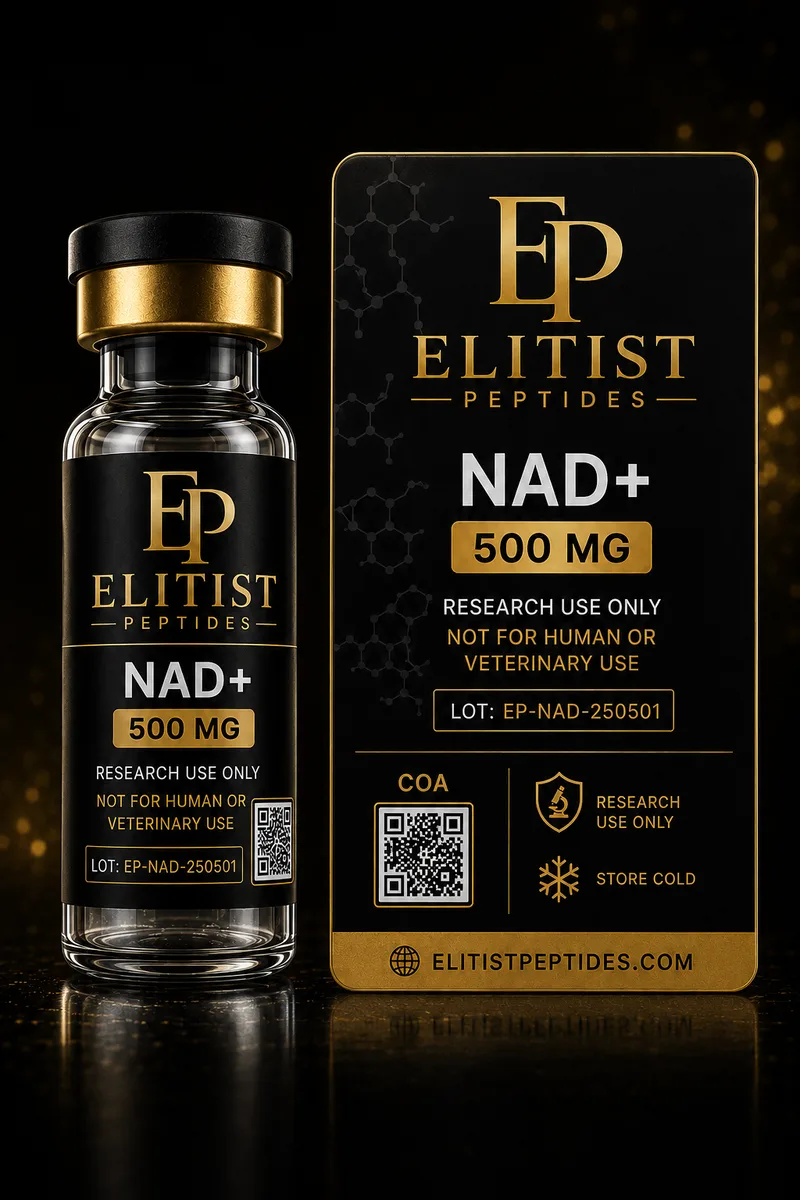 NAD+ 500 mg vial and carton, black and gold packaging