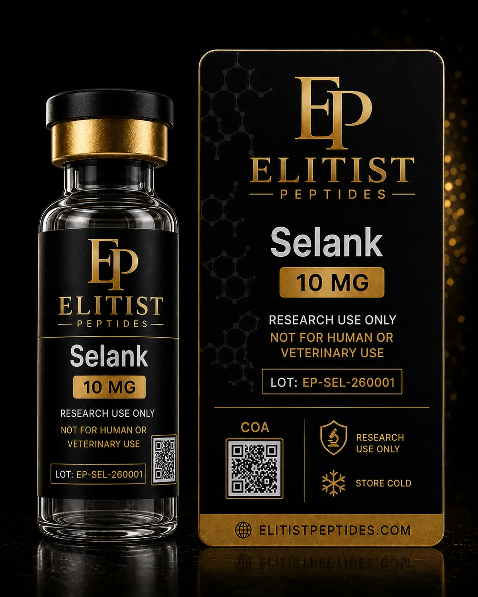Selank 10 mg vial and carton, black and gold packaging