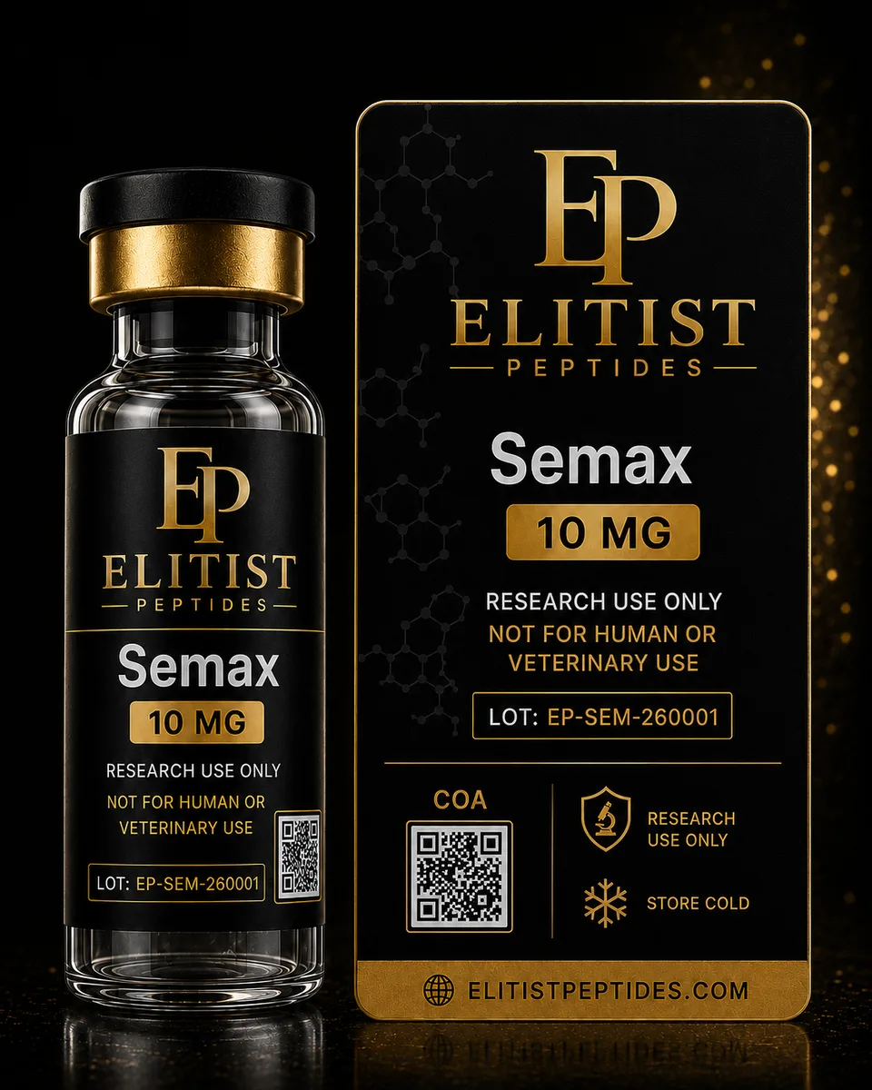 Semax 10 mg vial and carton, black and gold packaging