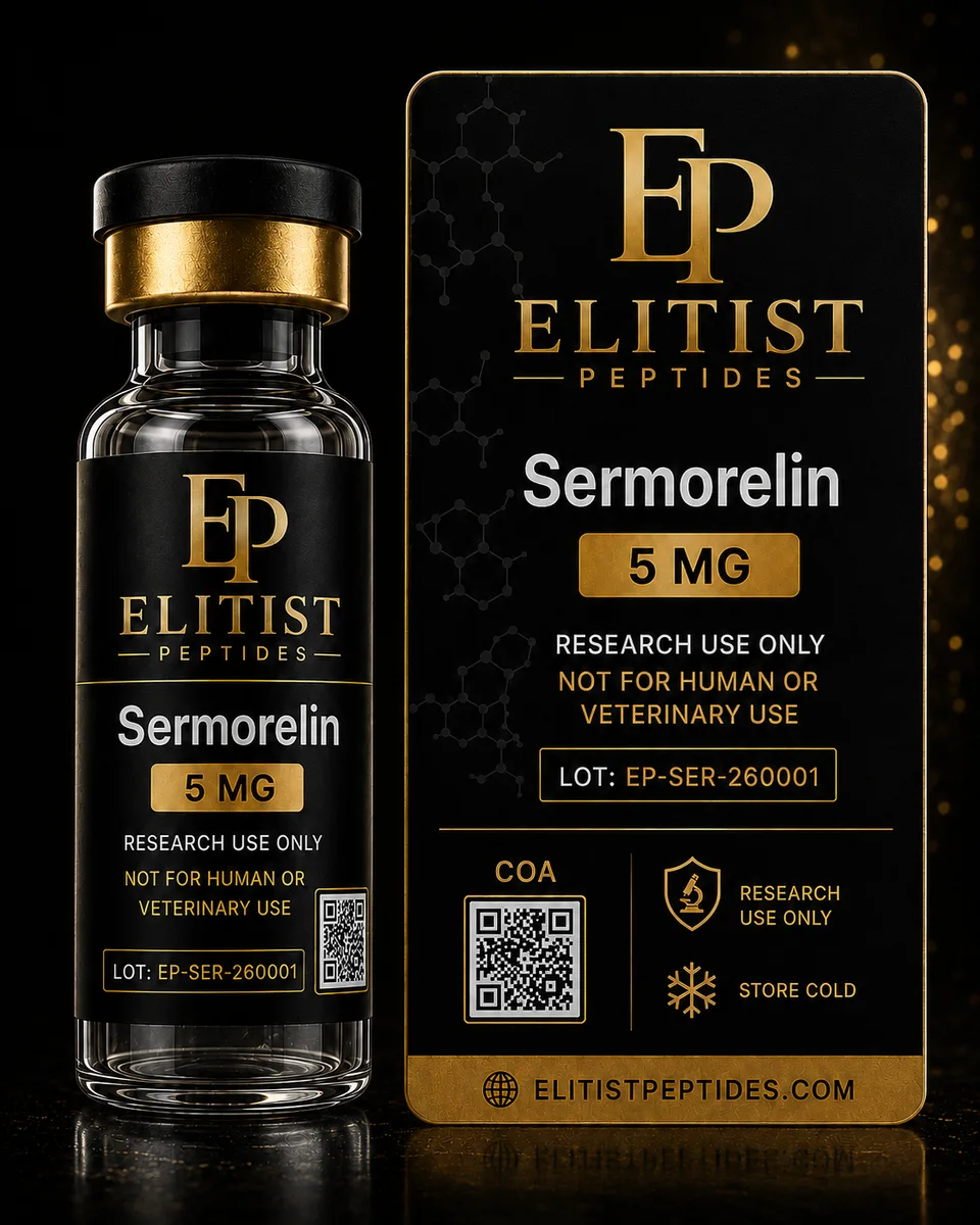 Sermorelin 5 mg vial and carton, black and gold packaging
