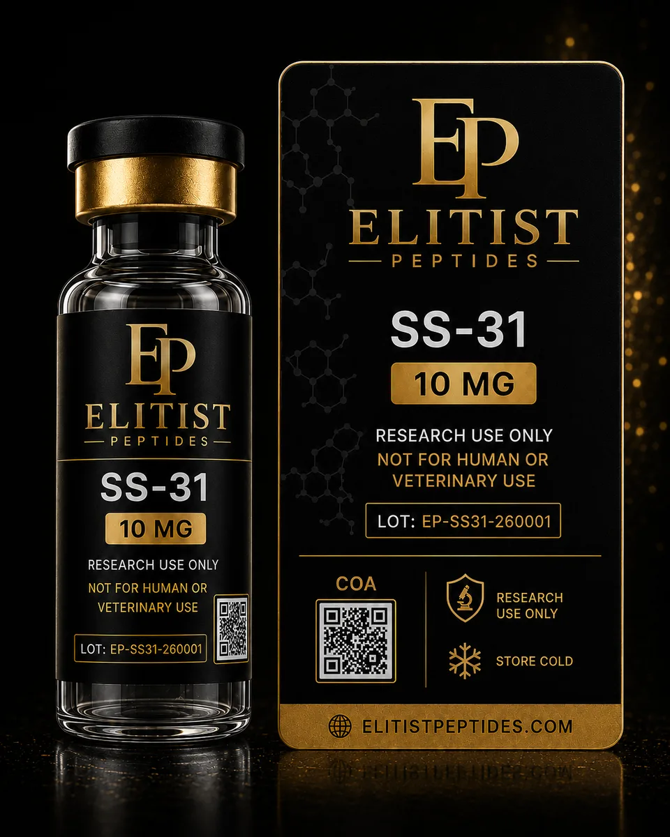 SS-31 10 mg vial and carton, black and gold packaging