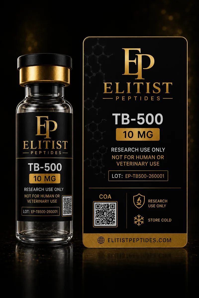 TB-500 10 mg vial and carton, black and gold packaging