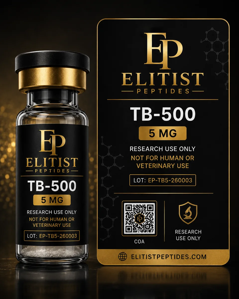 TB-500 5 mg vial and carton, black and gold packaging