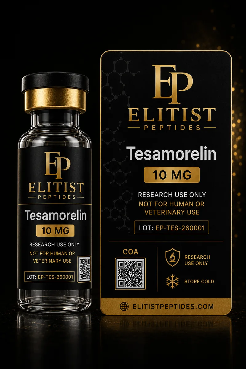 Tesamorelin 10 mg vial and carton, black and gold packaging