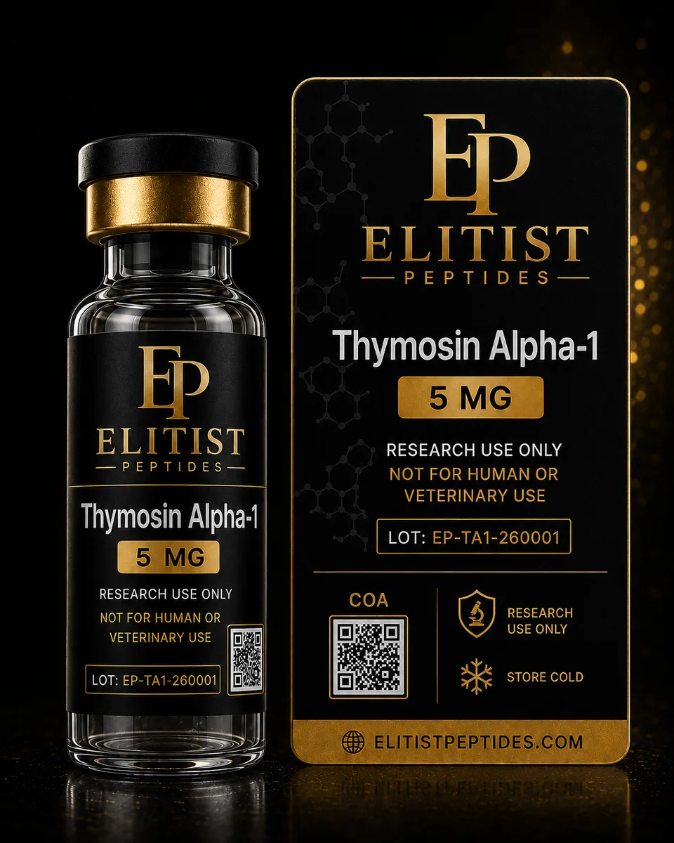 Thymosin Alpha-1 5 mg vial and carton, black and gold packaging